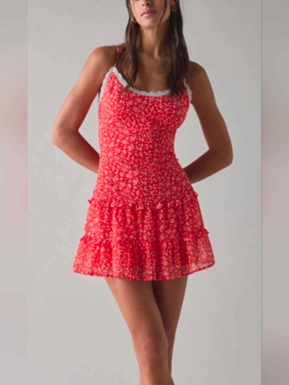 Kimchi Blue Red Floral Lace-Trim Chiffon Slip Mini Dress - Picture 2 of 4